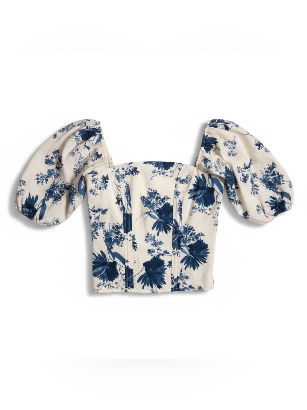 Abercrombie & Fitch Blue Floral Puff-Sleeve Corset Crop Top